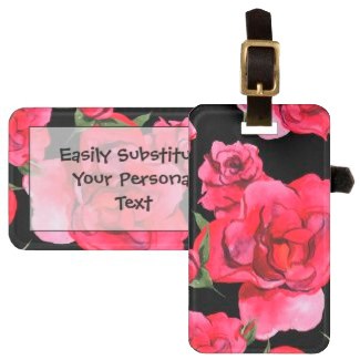 Red Watercolor Roses And Greenery on Black Bag Tag