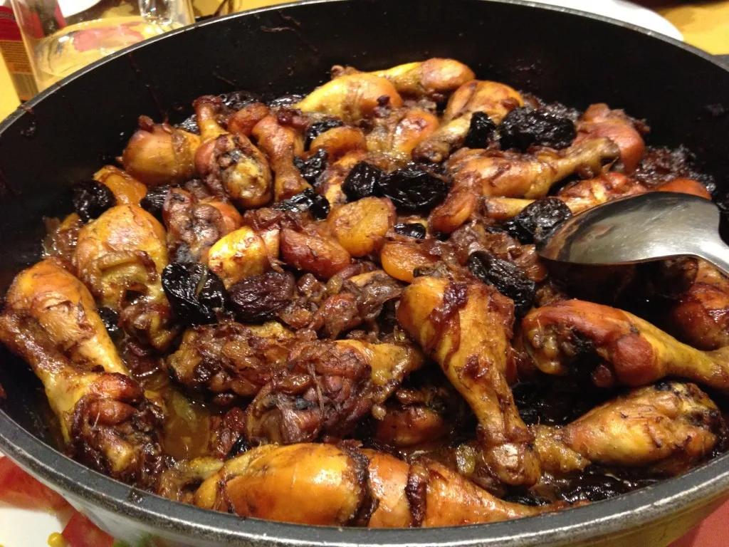 Pan roasted chicken with prunes and apricots