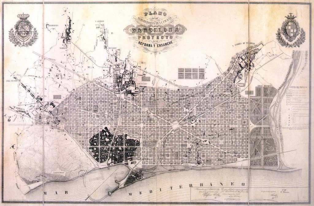 Barcelona's Eixample plan merged the medieval waterfront with existing villages (darkened areas) to create a modern, gridded city. Gràcia is at the top.