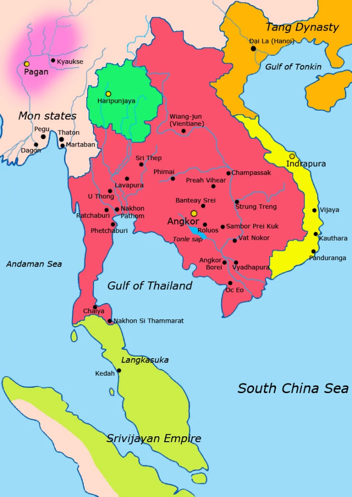 Map of Southeast Asia in about 900. Khmer Empire is shown in red.