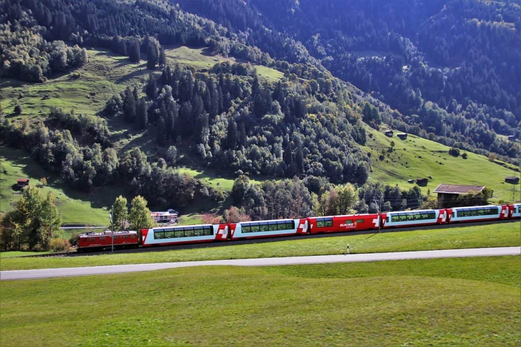 Swiss train in scenic valley