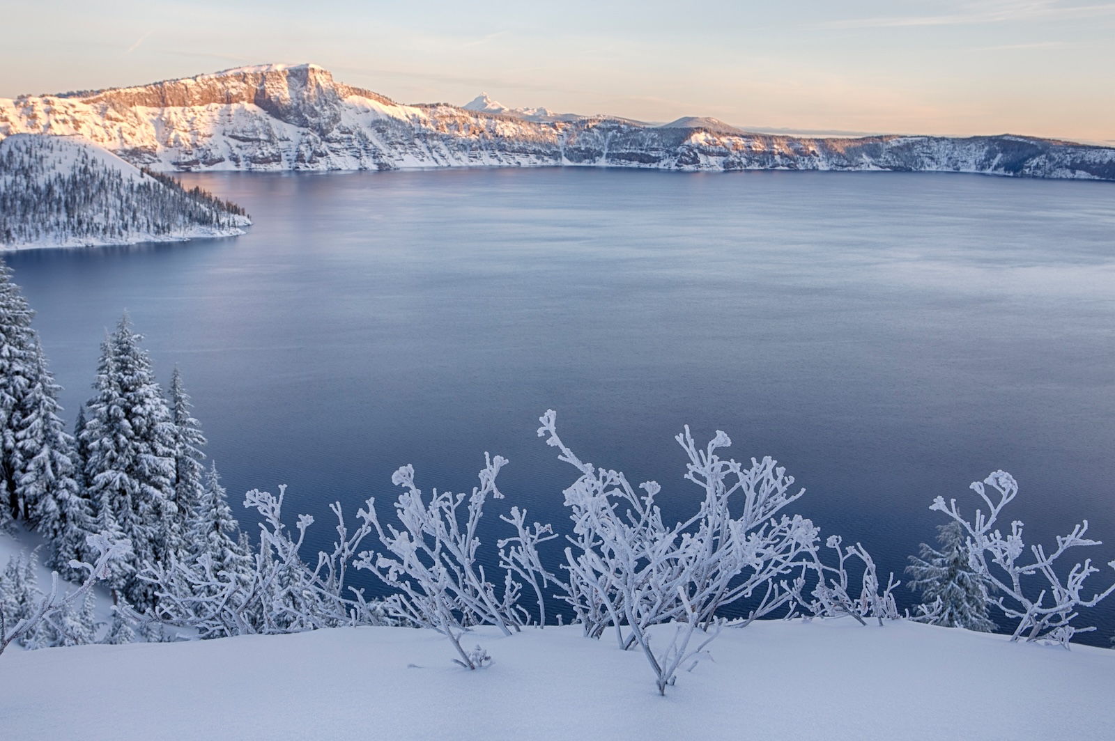 Crater Lake in the sunrise, after a winter storm