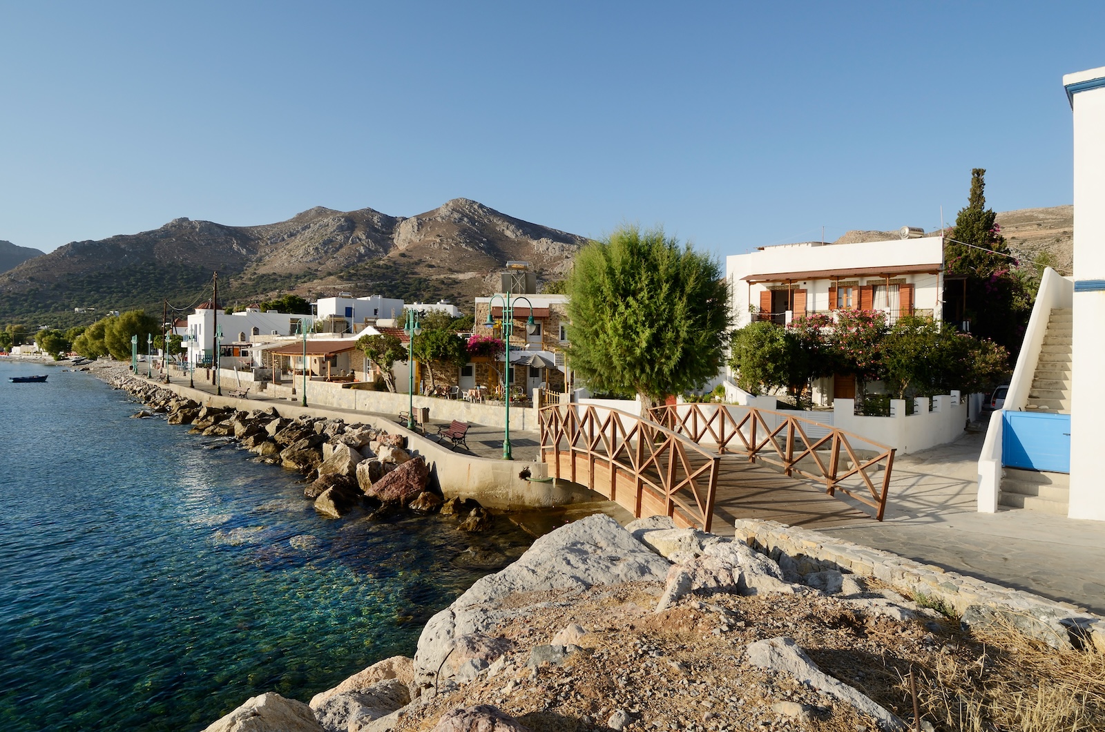 View of the village of Livadia on the east coast of the Greek island of Tilos in the Dodecanese archipelago