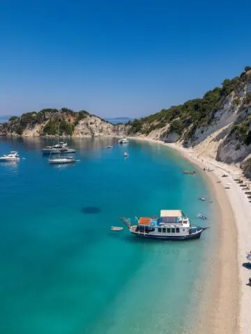 Aerial photo of the paradise beach of Gidaki in Ithaca, the beautiful Ionian island of Greece.