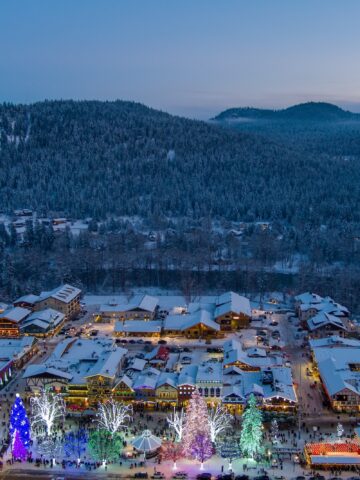 Aerial view of Leavenworth at sunset in December