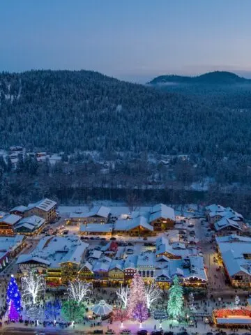 Aerial view of Leavenworth at sunset in December